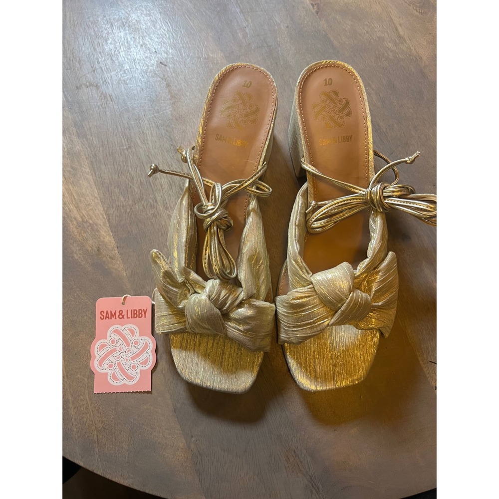 Sam & Libby Womens Heeled Sandals Metallic Plisse Ankle Wrap Gold 10 NWT